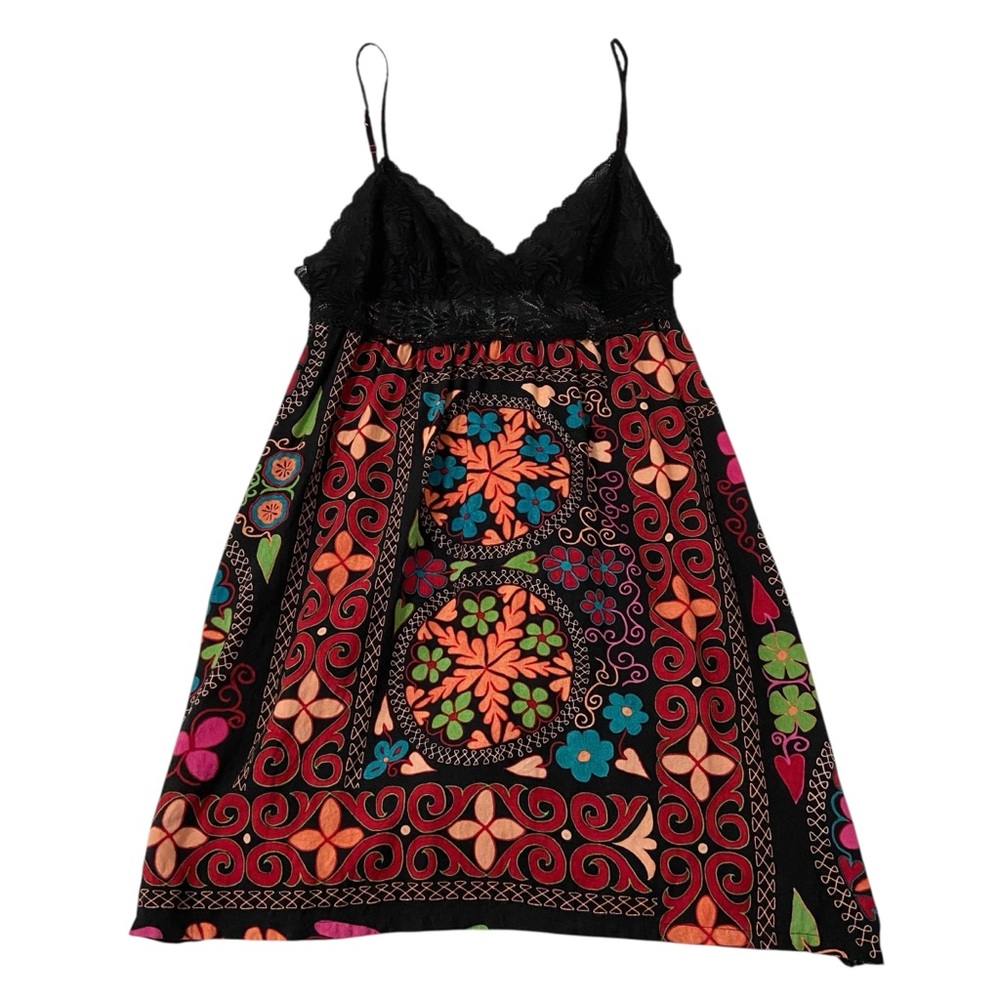 Josie Natori Boho Floral Lace Slip Dress Black Multicolor Festival M Romantic